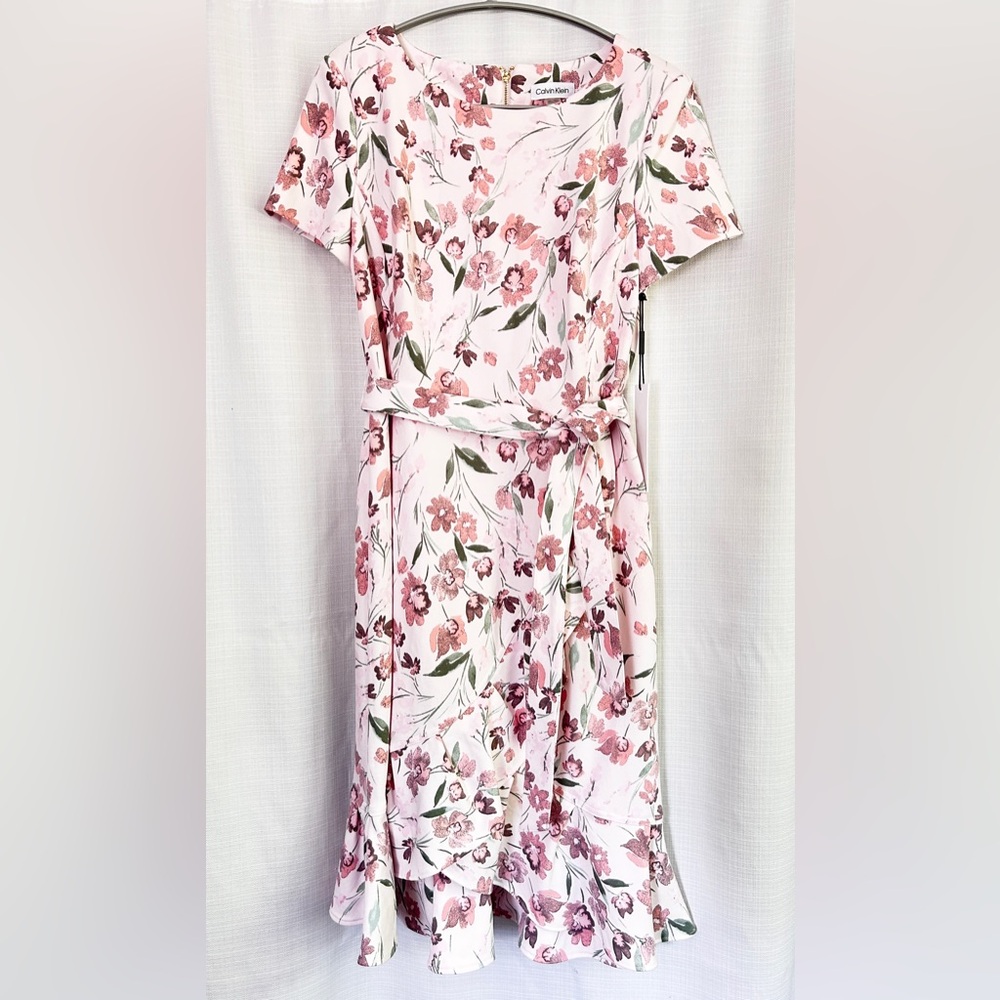 Calvin Klein White and Pink Floral Midi Dress